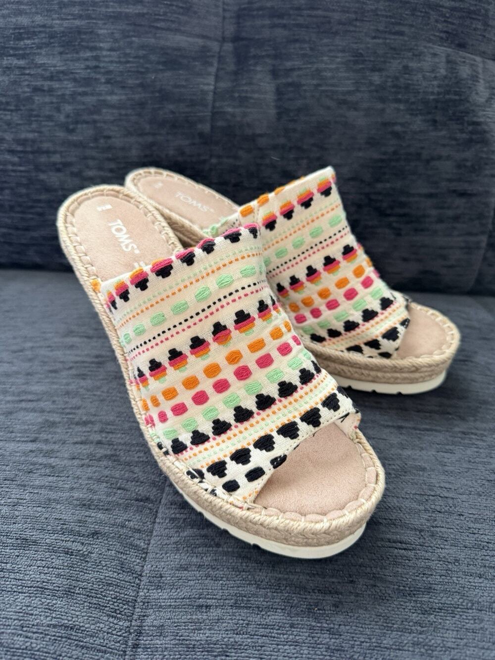 Toms Monica Mule Embroidered BOHO Espadrilles US 7.5 W Striped Wedges Sandals